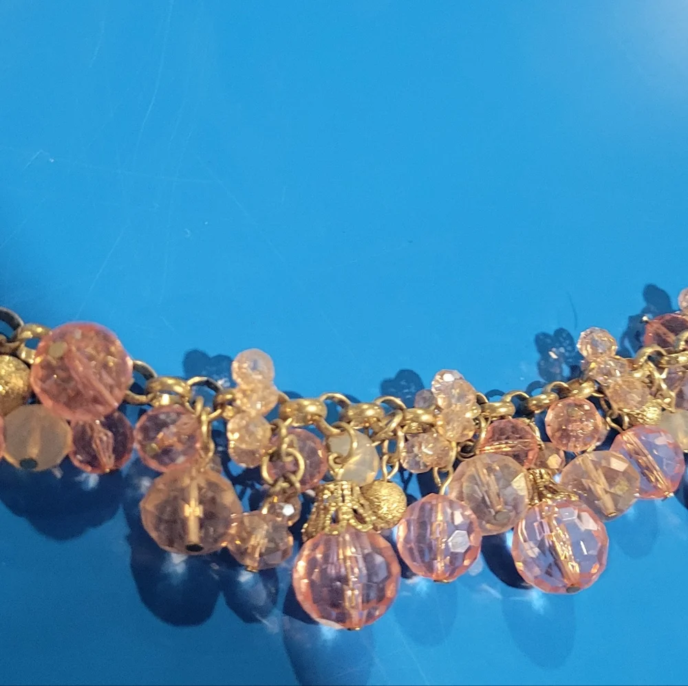 Gold Chain Beaded Pink Crystal Necklace Layered Textured Beads of Pink & Gold - Picture 2 of 5